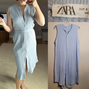 ZARA BLUE THERMAL SLEEVELESS OVERSIZED SNAP FRONT MAXI DRESS S SMALL MEDIUM